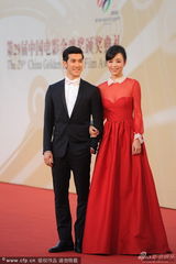 组图：张静初红裙甜美 挽李治廷现身红毯