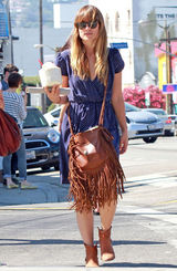 高清图：奥利维亚-王尔德街拍 波点裙搭流苏包