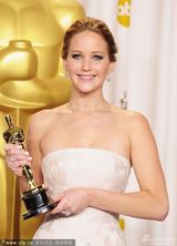 组图：奥斯卡后台-詹妮弗-劳伦斯整理裙摆