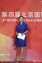 组图：梁静宝蓝连衣裙妩媚 紧贴高大陈司翰合影