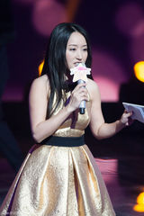 组图：杨钰莹黄金甲连衣裙主持 上围激增秀美腿