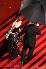 组图：章子怡戛纳走秀抹胸长裙秀美肩