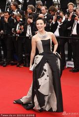 组图：章子怡灰墨裹胸裙走红毯妆容精致