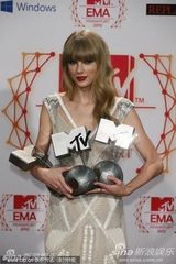 组图：斯威夫特获EMA三项大奖后台抱三球