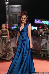 组图：金钟红毯Selina孔雀蓝色长裙酥胸半露