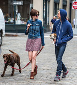 组图：海瑟薇牵爱犬漫步街头 老公抱小萌狗惹眼