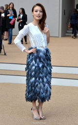 组图：容祖儿低领透视露内衣 蓝色羽毛裙优雅