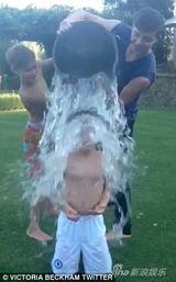 组图：贝嫂跪地挑战冰桶 被老公儿子浇成落汤鸡