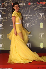 组图：李冰冰黄色礼服美艳 薄纱裙长腿若隐若现