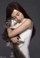 组图：夏梓桐与猫咪拍写真 假发少女与方便面