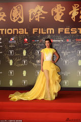 组图：李冰冰黄色礼服美艳 薄纱裙长腿若隐若现