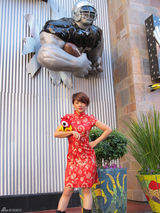 高清：江映蓉着鲜红色旗袍秀中国风 带小浪游美国