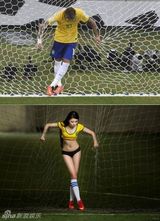 组图：性感足球宝贝搞怪还原世界杯经典瞬间
