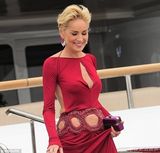 组图：56岁莎朗-斯通红裙美艳 胸门大开秀性感