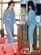 组图：李英爱蓝色印花裙秀曲线 性感不失端庄