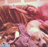 组图：《大爆炸》佩妮与老公依偎 俏皮吻汪星人