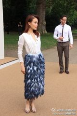 组图：容祖儿低领透视露内衣 蓝色羽毛裙优雅