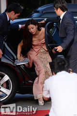 组图：全智贤百想低胸绣花粉裙唯美 金秀贤呆萌