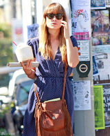 高清图：奥利维亚-王尔德街拍 波点裙搭流苏包