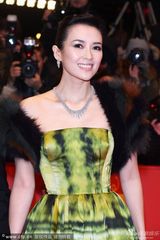 组图：章子怡荧光绿色长裙搭皮草优雅迷人