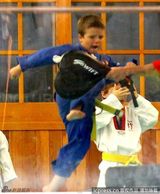 组图：小贝陪儿子练空手道 克鲁兹踹木板身手好