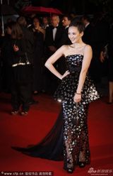 组图：章子怡戛纳走秀抹胸长裙秀美肩