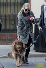 组图：阿曼达-塞弗里德外出散步 表情诡异与狗狗撞脸