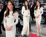 高清图：英国王妃凯特白色高开衩长裙端庄迷人