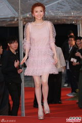 组图：林欣彤粉红薄纱短裙现身金像奖红毯