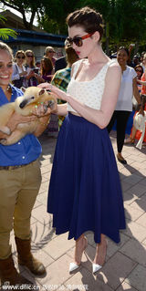 组图：海瑟薇白衣蓝裙与动物亲密接触童心未泯