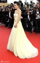 组图：李冰冰戛纳走秀 金色长裙华丽刺绣精致
