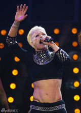 组图：P!nk高空倒吊演唱 与舞伴激情肉搏