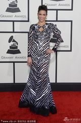 组图：宝拉-巴顿斑马纹长裙 胸前双狮抢眼