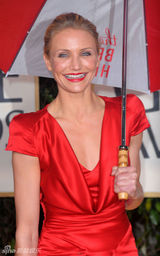 高清图：卡梅隆-迪亚兹雨中现身 身姿窈窕红裙美艳