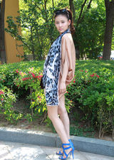 组图：贾青街拍LOOK 裸色连衣短裙搭豹纹围巾