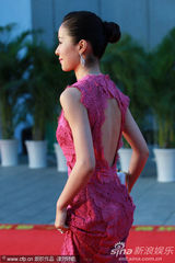 组图：江一燕亮相百花红毯 粉裙典雅秀美背