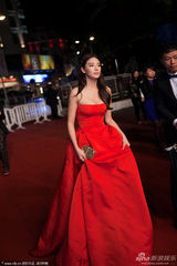 组图：张雨绮玫瑰红抹胸裙现身娇艳如花