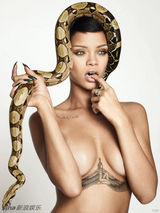 组图：蕾哈娜《GQ》25周年刊全裸与蛇共舞