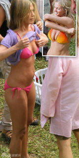 幻灯图：41岁安妮斯顿片场秀粉红色性感比基尼 