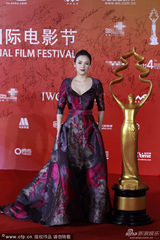 组图：章子怡大花紫裙花枝招展 古典发髻灿笑