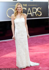 组图：最佳改编剧本提名露西白色抹胸长裙亮相