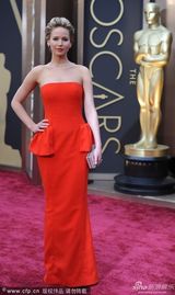 组图：詹妮弗-劳伦斯抹胸裙娇艳似火 现场跌倒