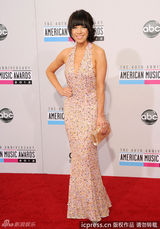 组图：卡莉-蕾-吉普森亮相AMA红毯 深V裸背性感