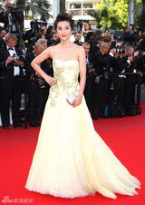 组图：李冰冰戛纳走秀 金色长裙华丽刺绣精致