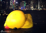组图：香港大黄鸭漏气无奈卧倒趴水中
