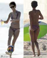组图：蕾哈娜携绯闻女友沙滩玩足球大秀好身材