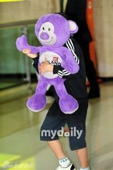 组图：布莱德皮特赴韩宣传 爱子抱玩具熊遮面