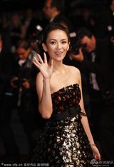 组图：章子怡戛纳走秀抹胸长裙秀美肩