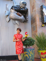 高清：江映蓉着鲜红色旗袍秀中国风 带小浪游美国