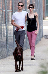 组图：安妮-海瑟薇与未婚夫遛狗晒幸福